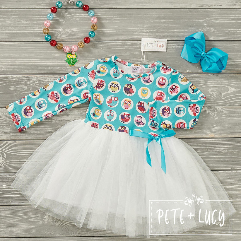 Pete and Lucy Vibrant Owls Tulle Girls Dress
