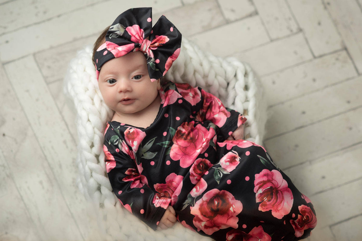 Infant Girls Black Dot Rose Baby Gown and Bow Headband