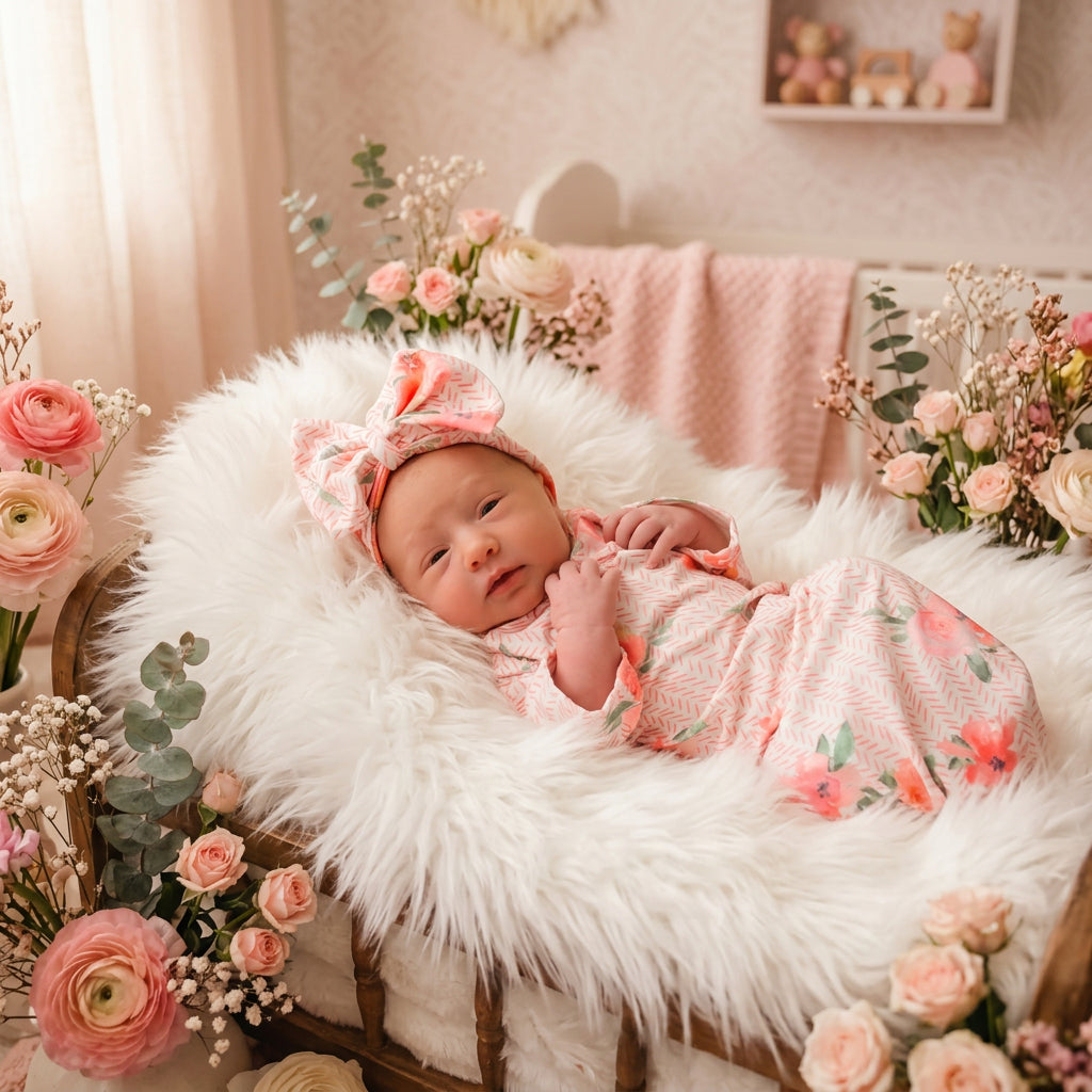 Newborn baby wrapped in a pink floral blanket and bonnet on a white surface.