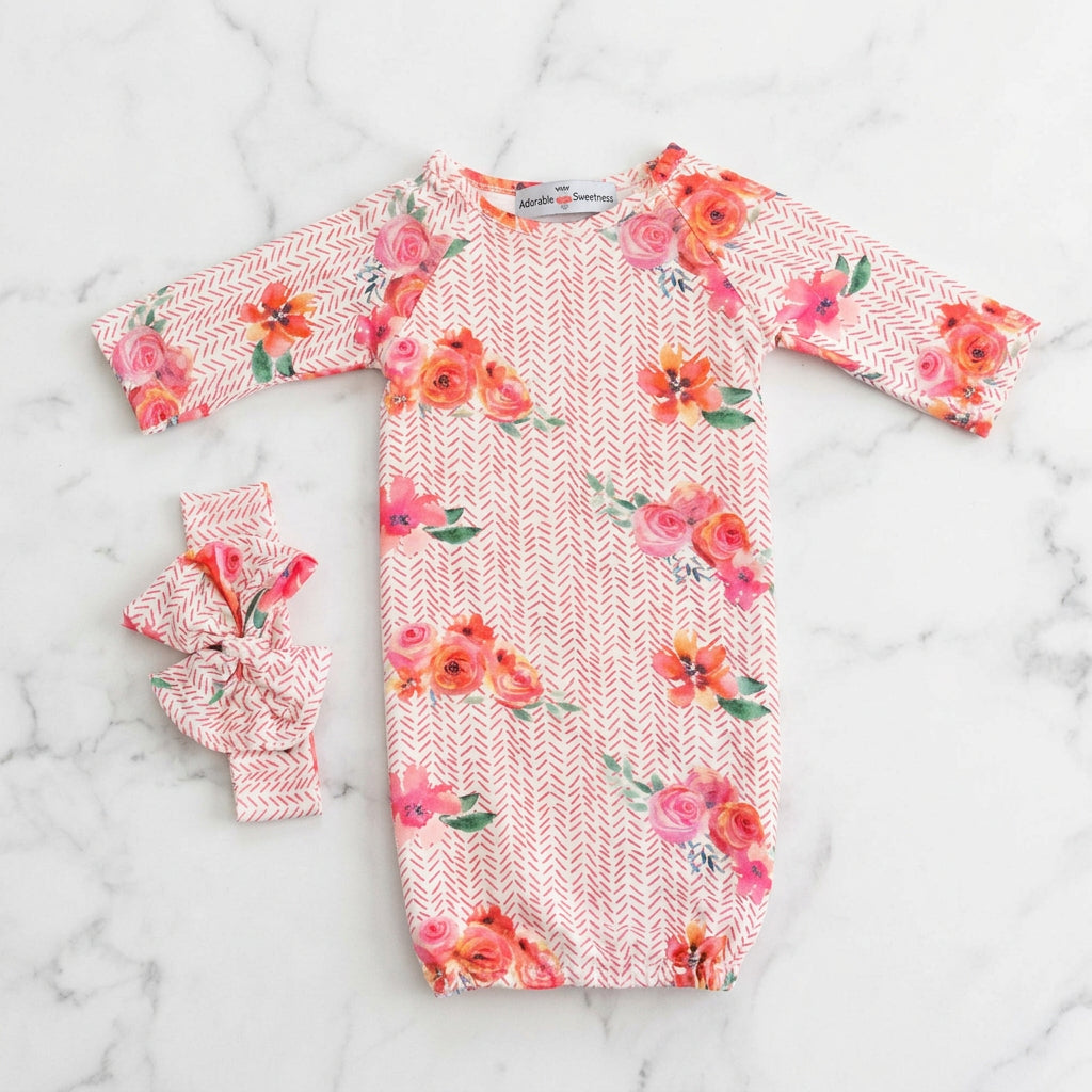 Infant girls baby gown and bow headband set
