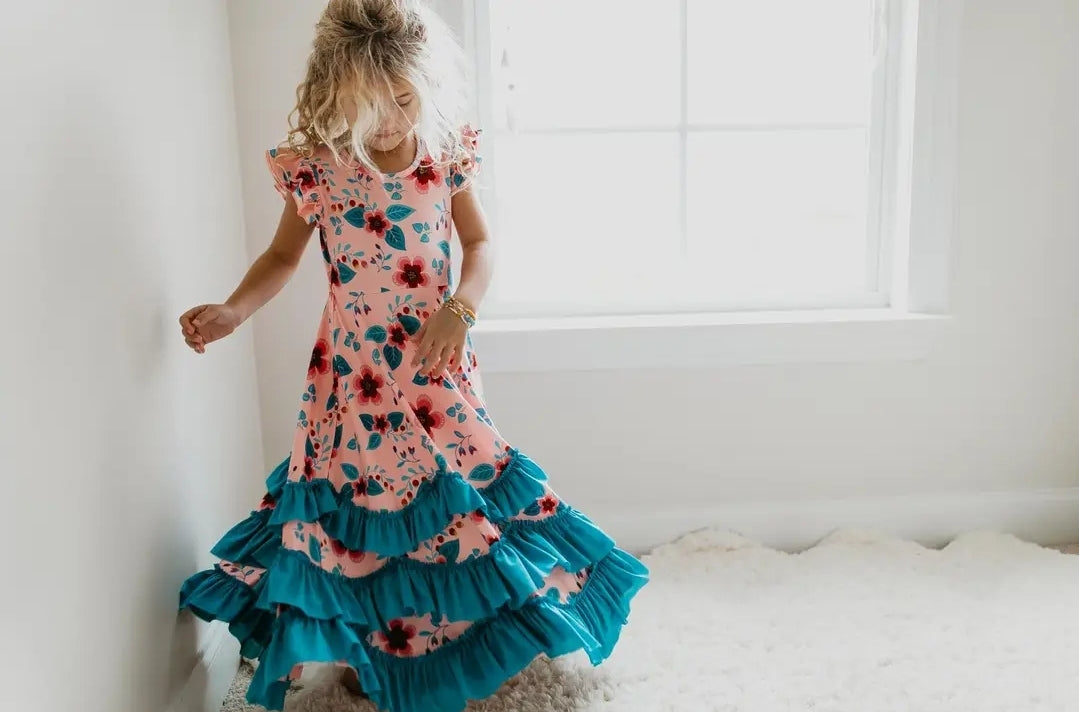 Kids Light Peach Floral Flutter Sleeve Ruffles Spring Dress -