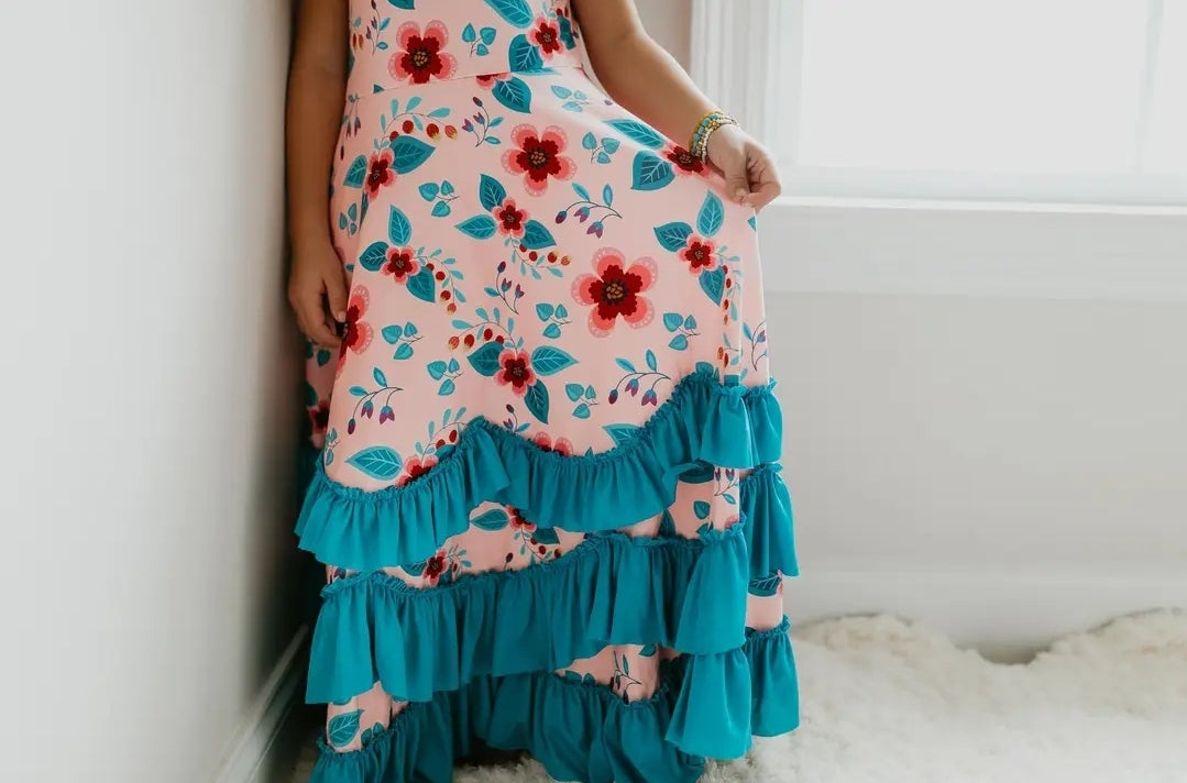 Kids Light Peach Floral Flutter Sleeve Ruffles Spring Dress -