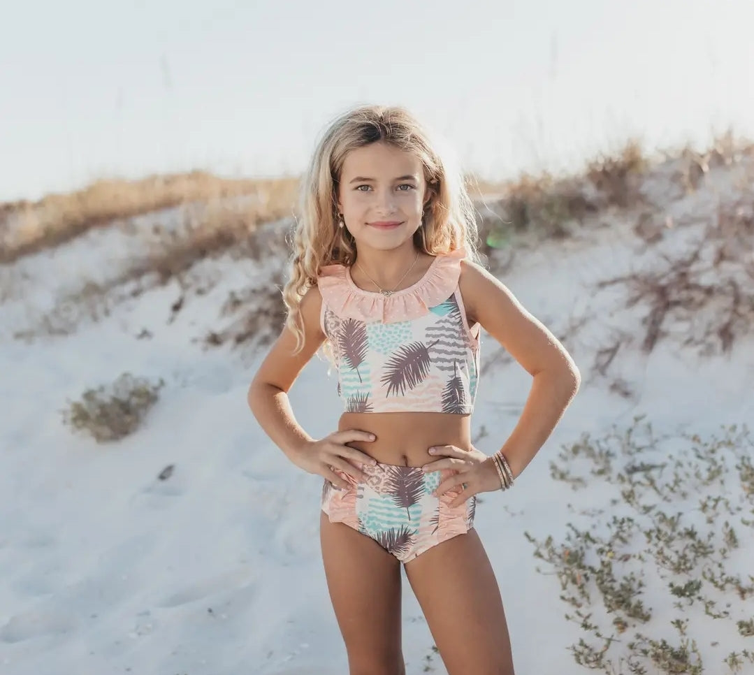 Kids Blush Palm Tree Leopard Ruffle 2 Piece Swimsuit