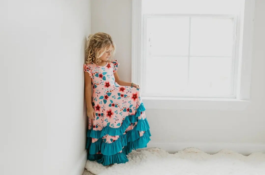 Kids Light Peach Floral Flutter Sleeve Ruffles Spring Dress -