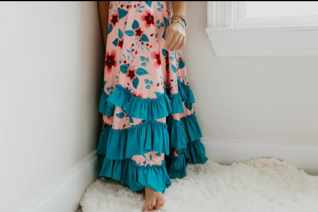 Kids Light Peach Floral Flutter Sleeve Ruffles Spring Dress -