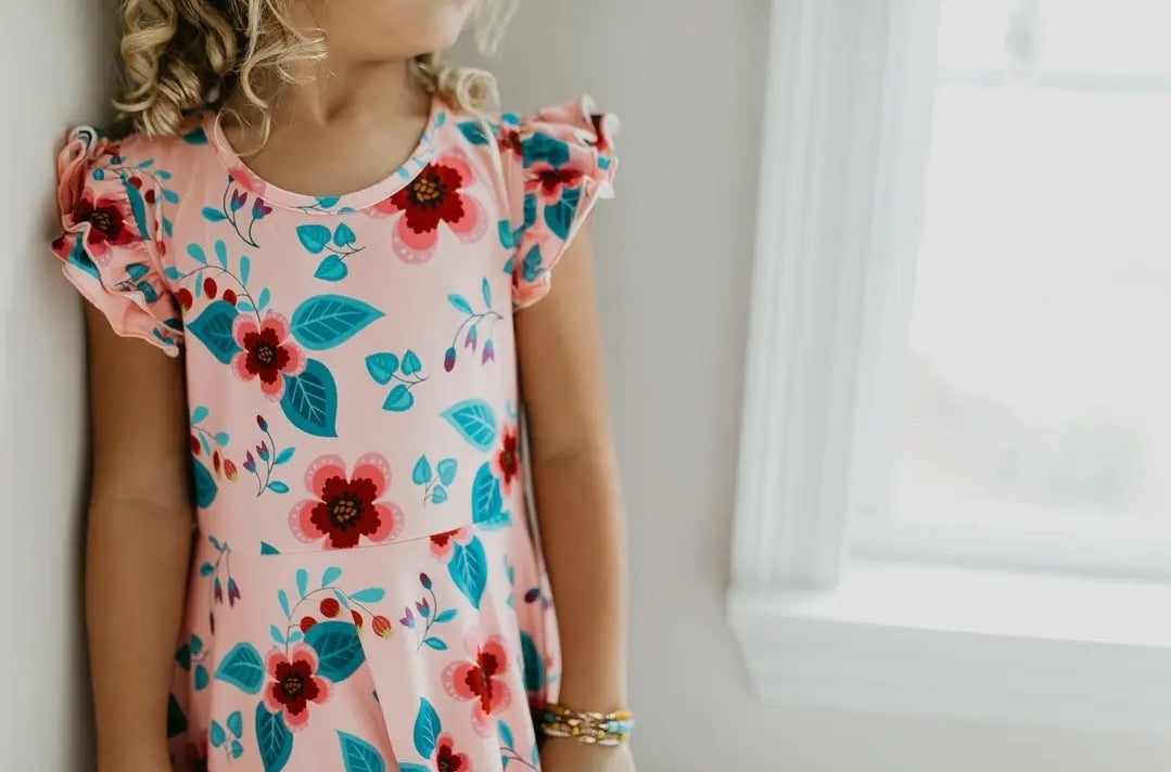 Kids Light Peach Floral Flutter Sleeve Ruffles Spring Dress -