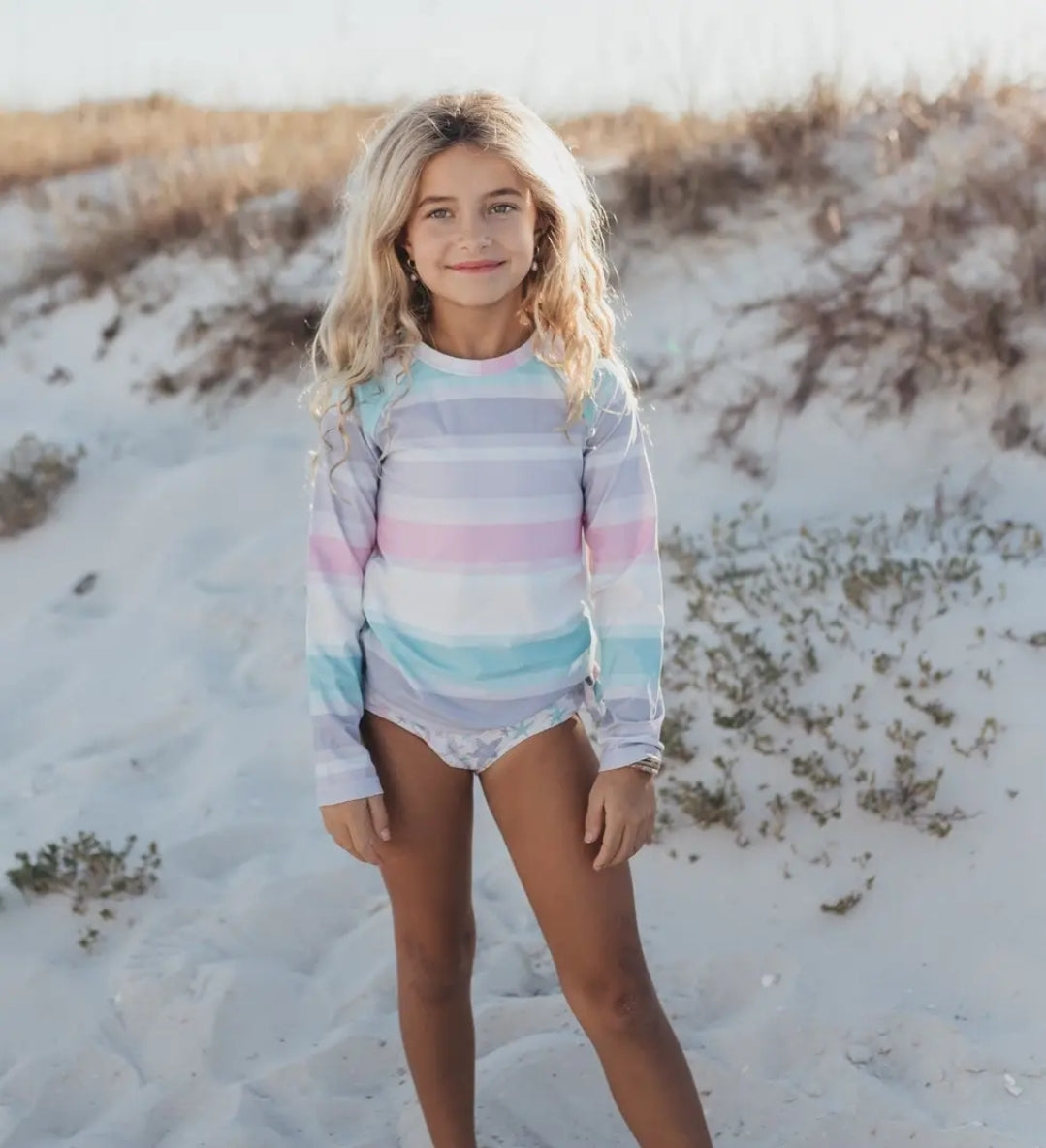 Kids Pastel Star Fish Long Sleeve Ruffle Rash Guard